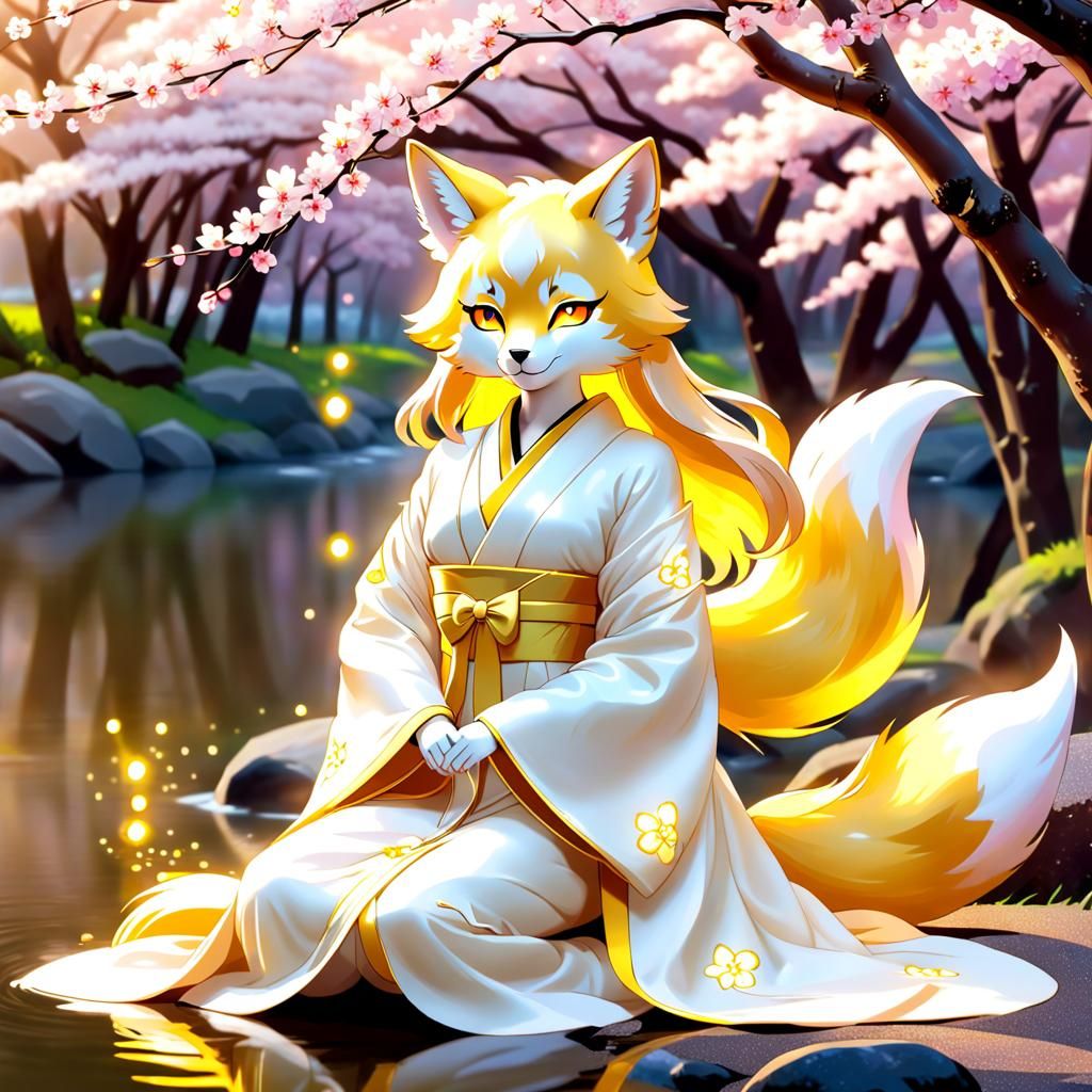 Luminous Kitsune Mirage on Sakura Riverbank