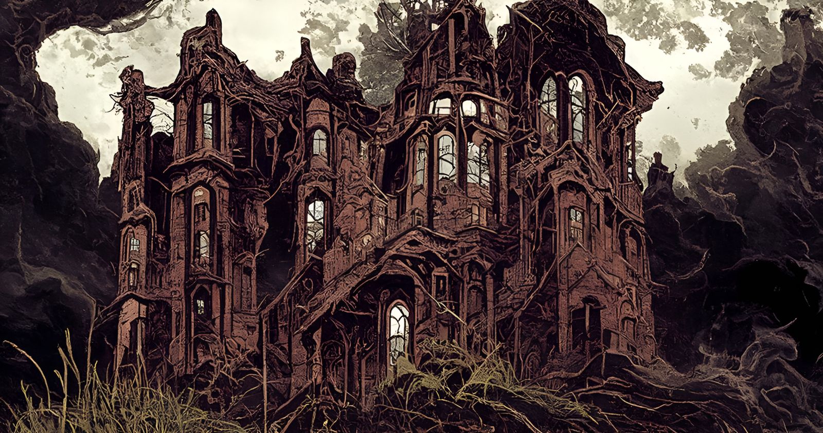 Ominous Victorian Mansion Illustration in Gothic Style