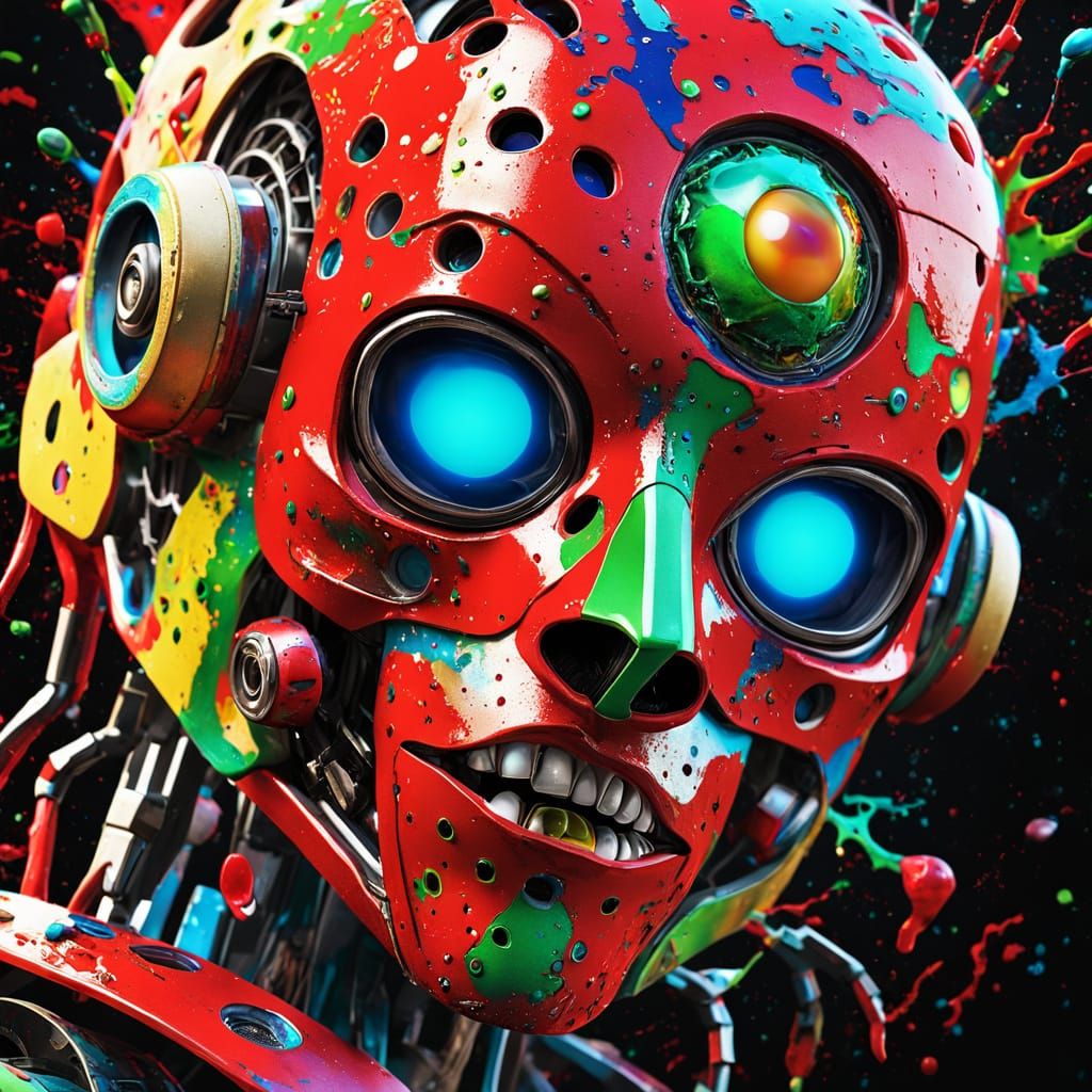 Robot with Red Mask in Surreal Digital Art