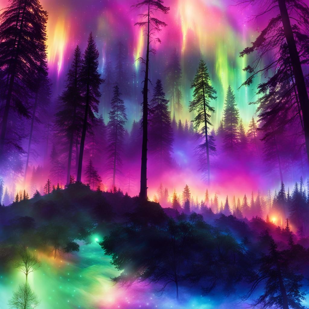 Neon Aurora Illuminates Fireflies in Misty Forest