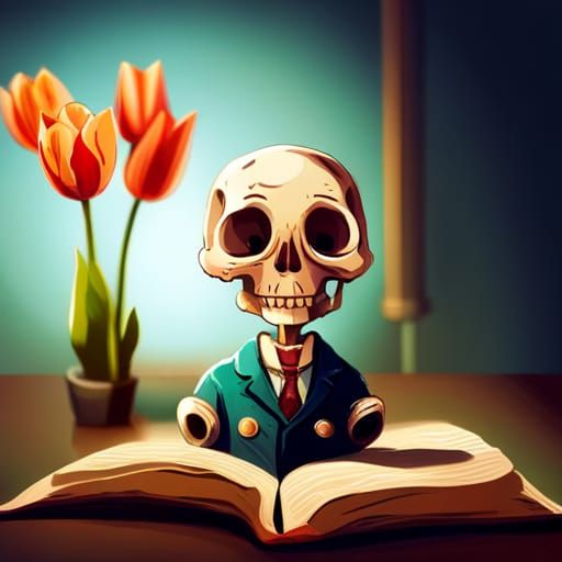 Cute Skeleton with Tulips: Fantasy Illustration