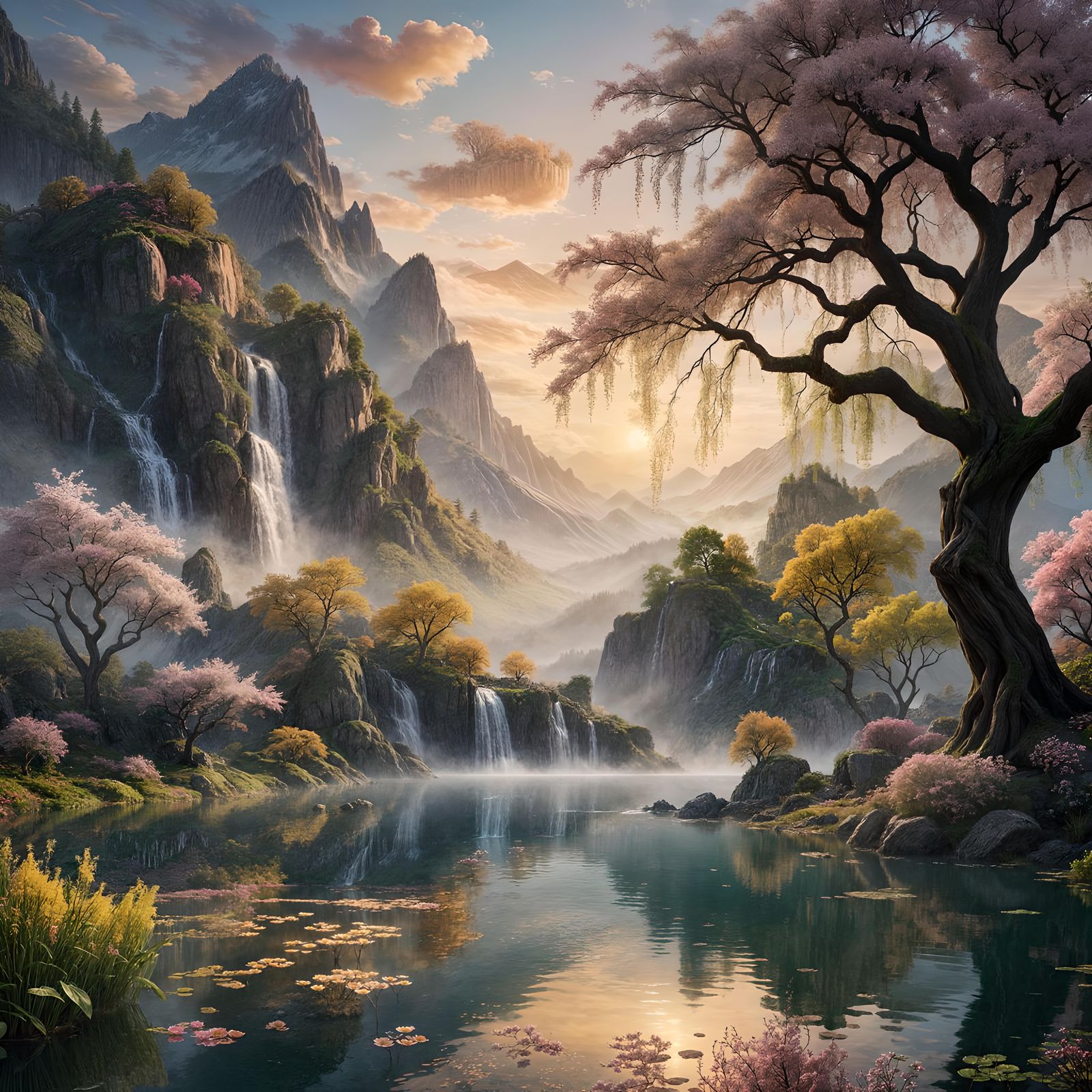 Sunrise Landscape with Waterfall and Willow Trees