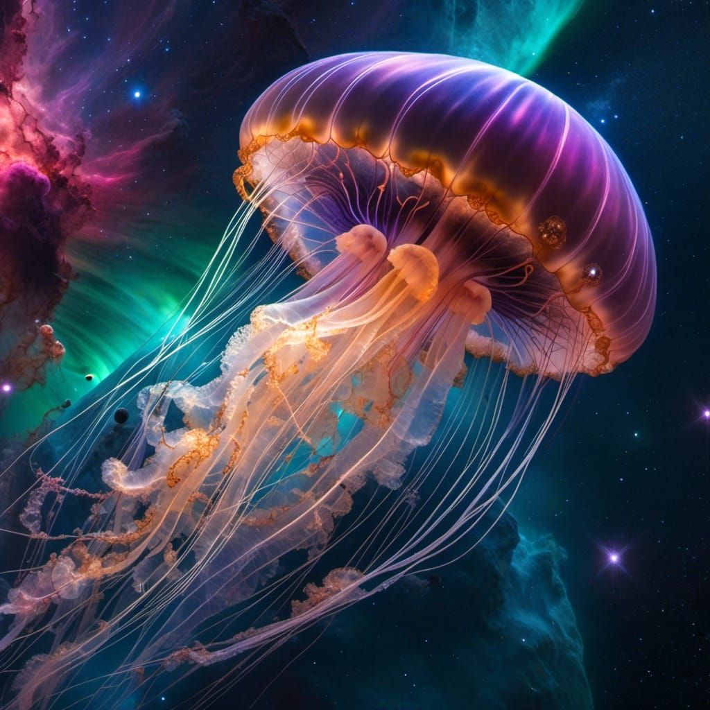 Galactic Jellyfish Merging with Aurora in Deep Space