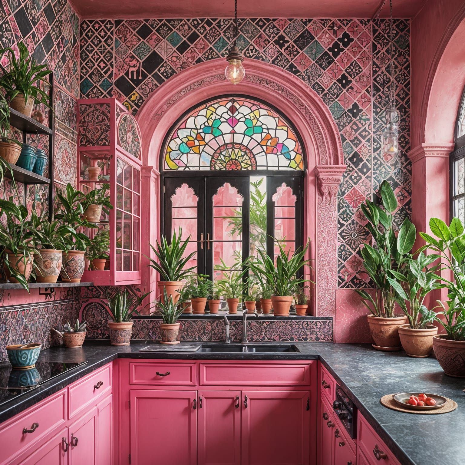 Vibrant Neon Pink Moroccan Kitchen with Boho Elements