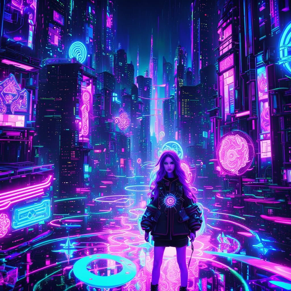 Vibrant Cyber Fantasy Girl with Magical Energy in Neon City