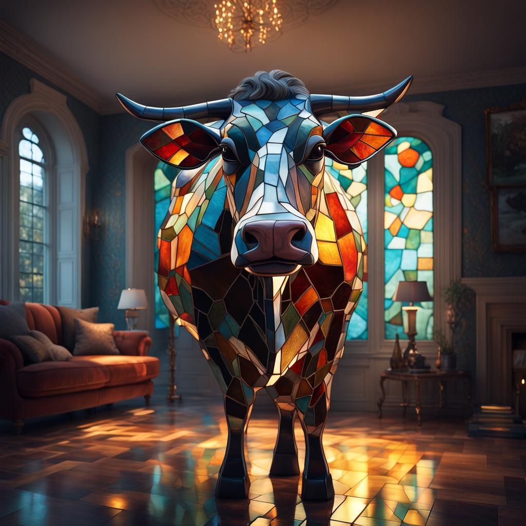 Stained Glass Cow in Living Room with Fireflies