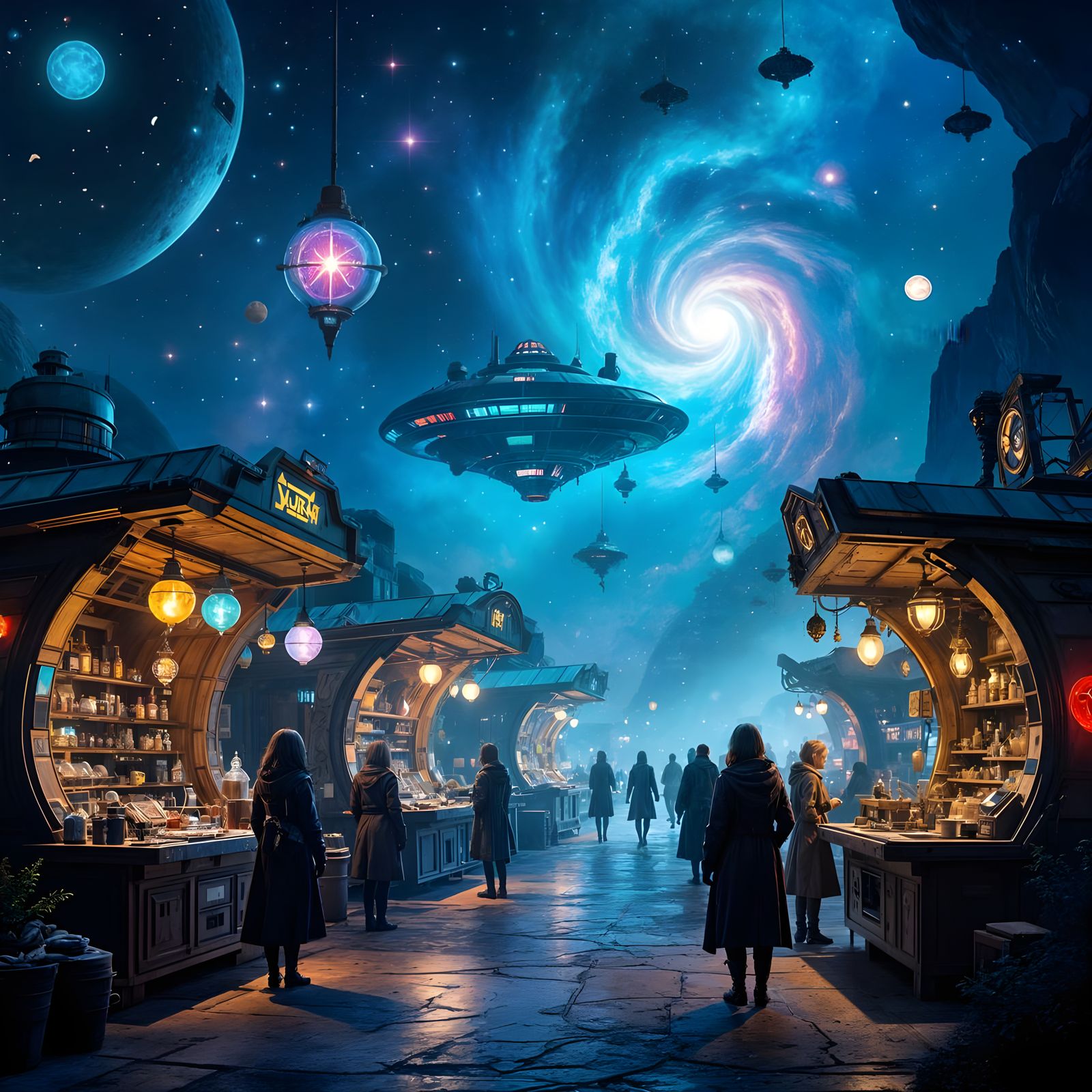 Intergalactic Bazaar in Space with Steampunk Influence