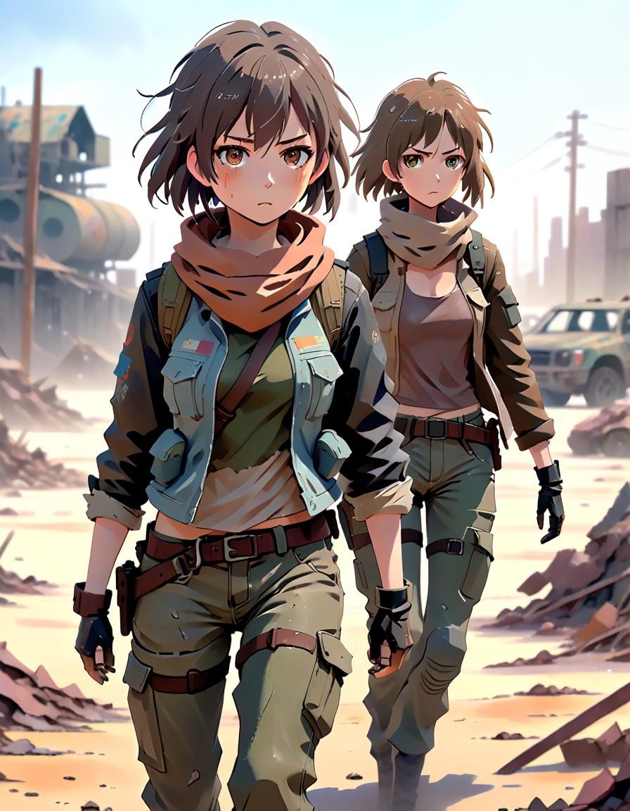 Post-Apocalyptic Anime Bandits in Wasteland Landscape