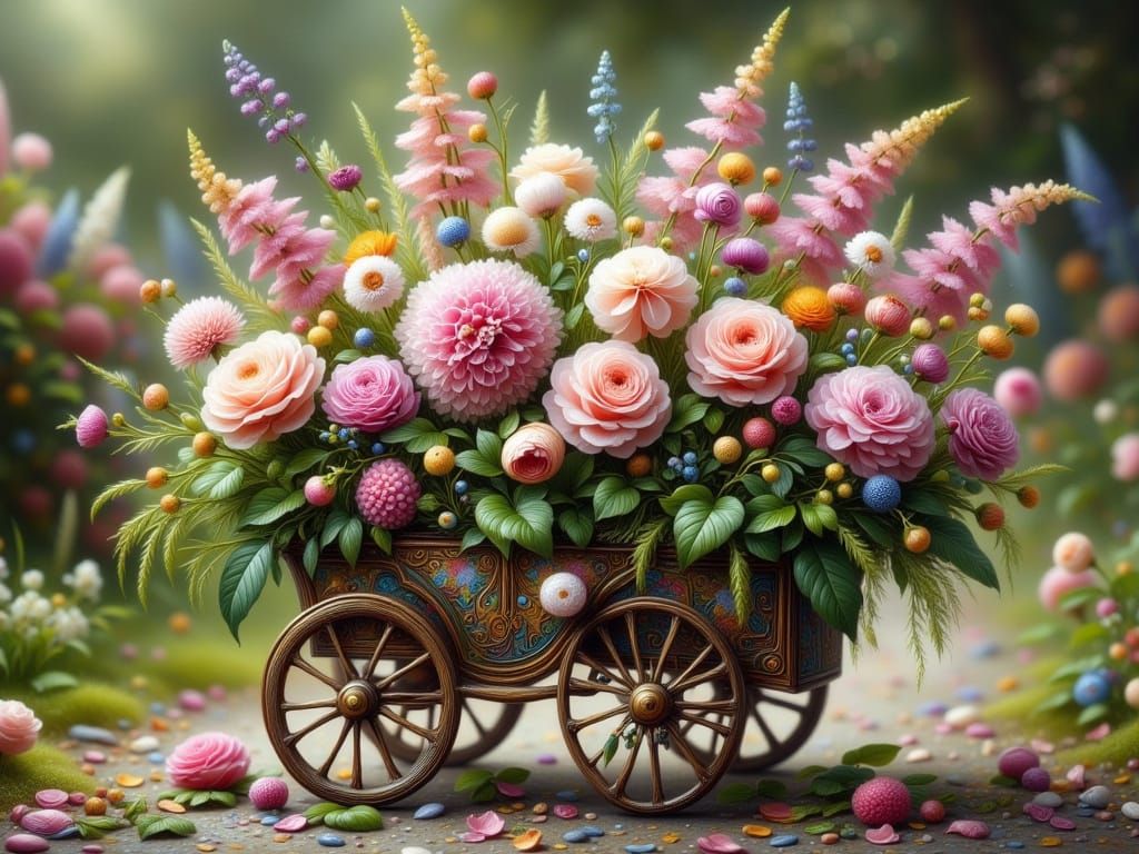 Elegant Victorian Flower Cart in Dreamy Oil Paint Style