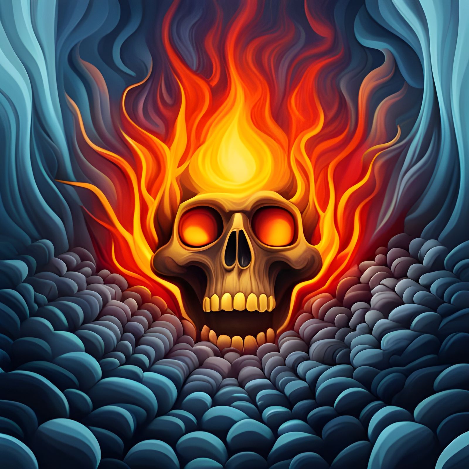 Fiery Skull in Surrealist Cartoon Style
