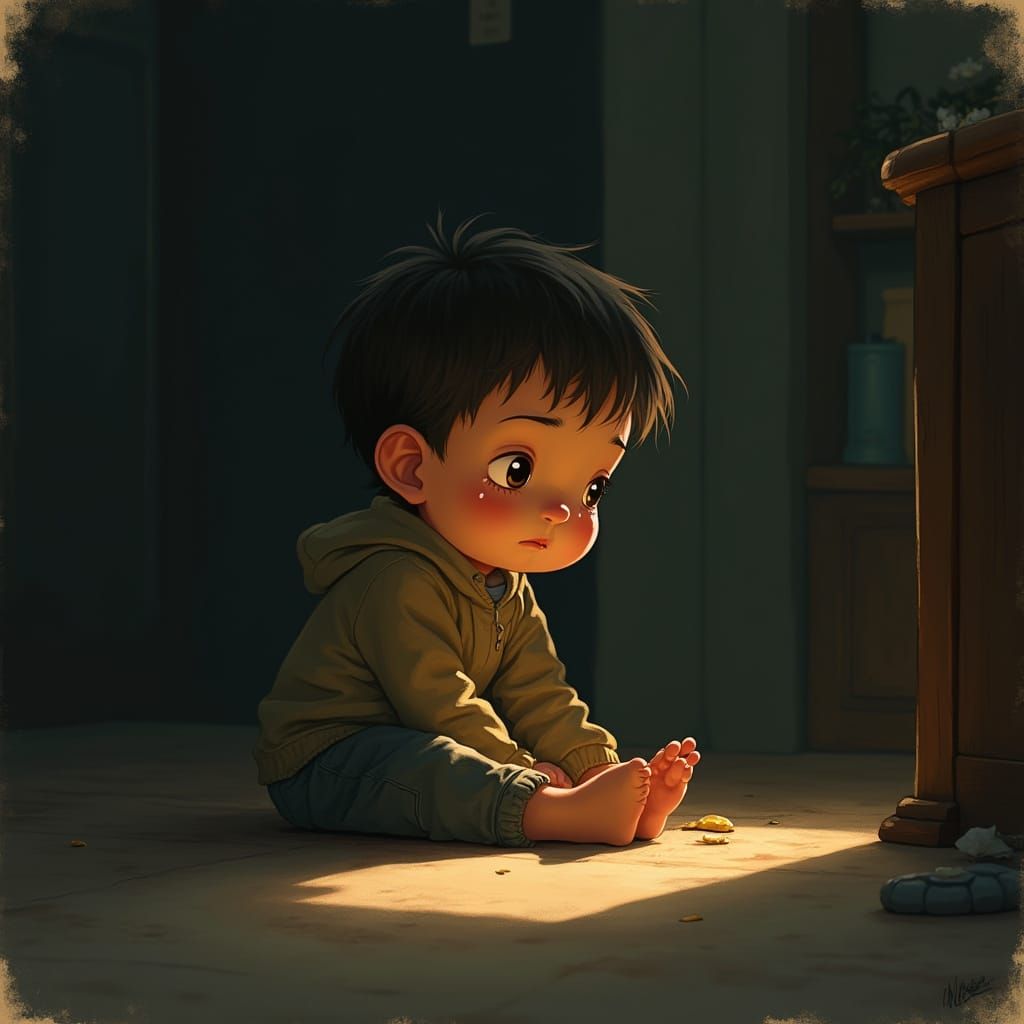 Sorrowful Young Boy in Despairing Moment, Radiating Vulnerab...