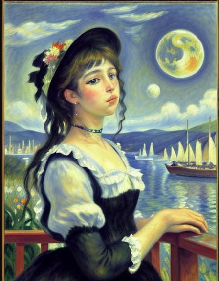 Woman Gazing at Moon in Impressionist Style
