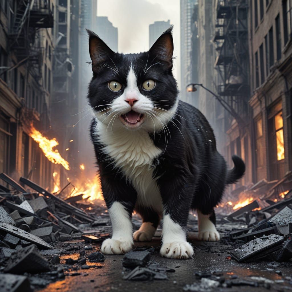 Gargantuan Tuxedo Cat Rampages Through City in Cyberpunk Apo...