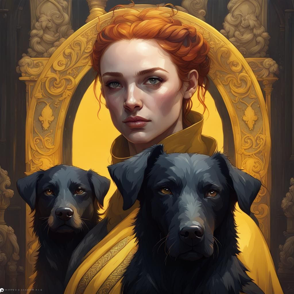 Sansa Sewing Banner with Black Dogs, Detailed Portrait