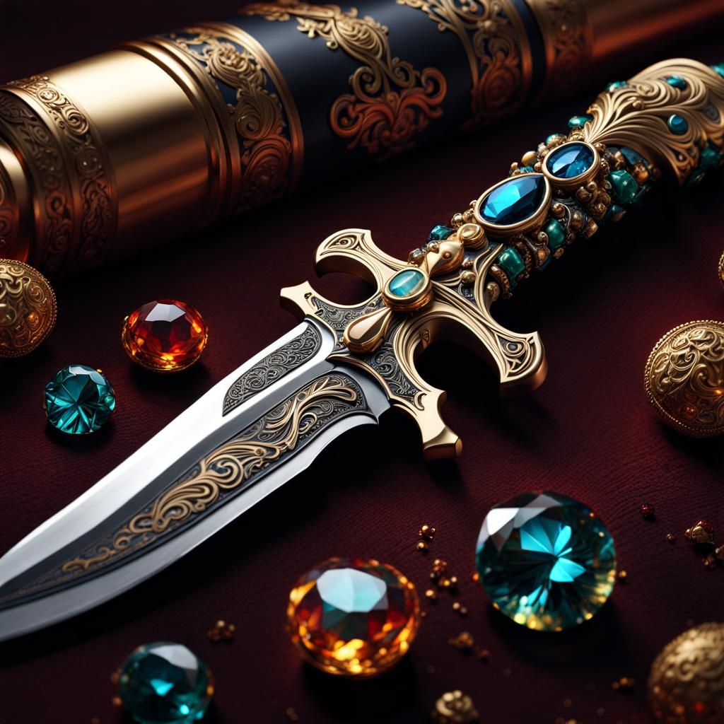 Detailed Bone-Handled Knife with Gemstones