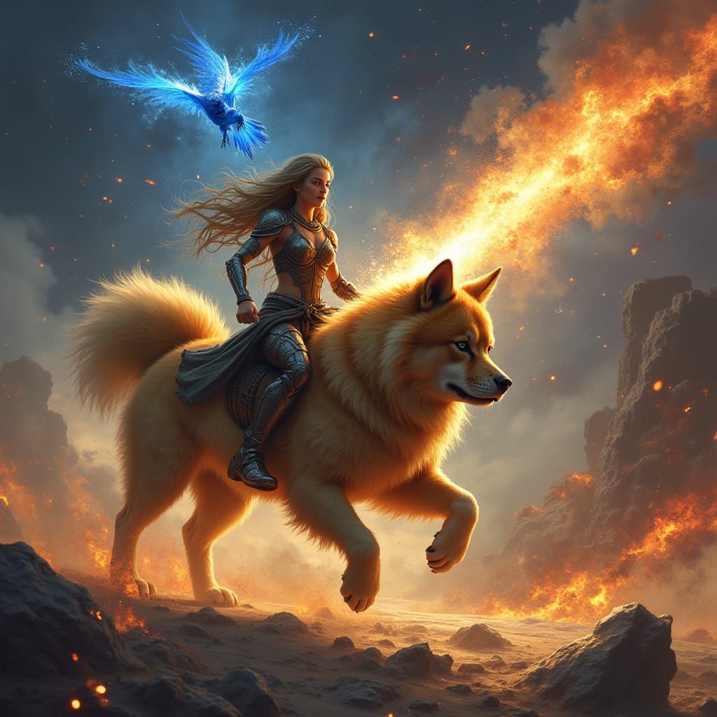 Galactic Lynx Rider on Cosmic Canine Companion