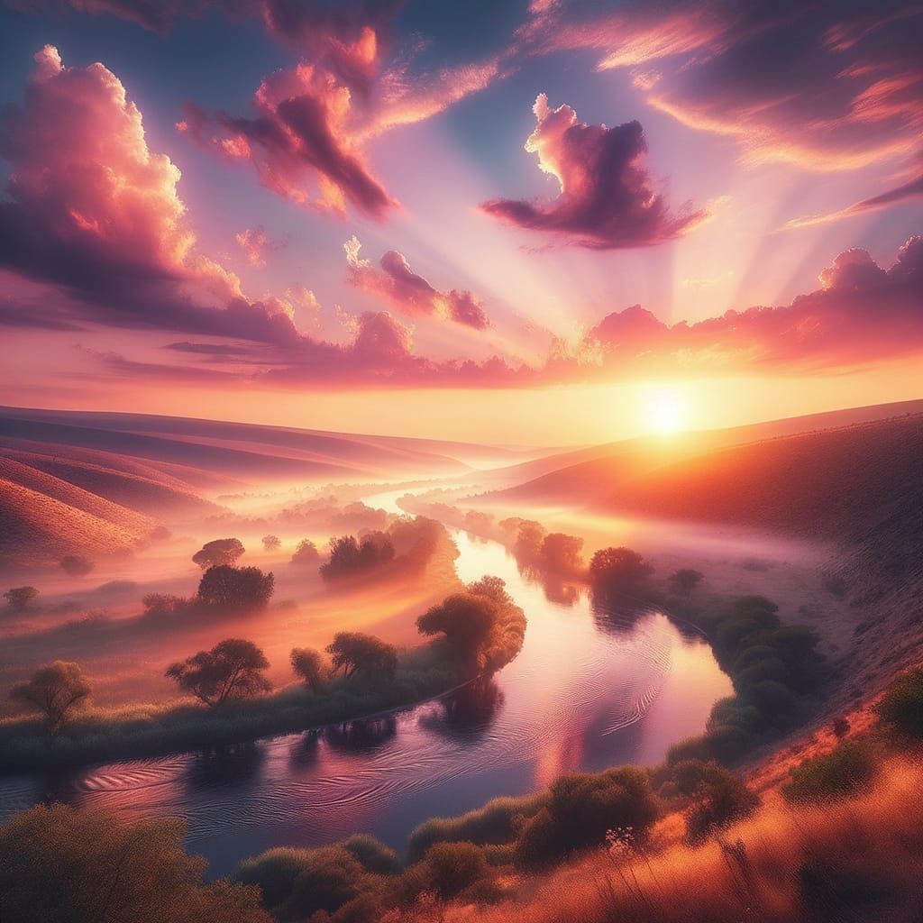 Peaceful Sunset River Scene with Whispy Clouds