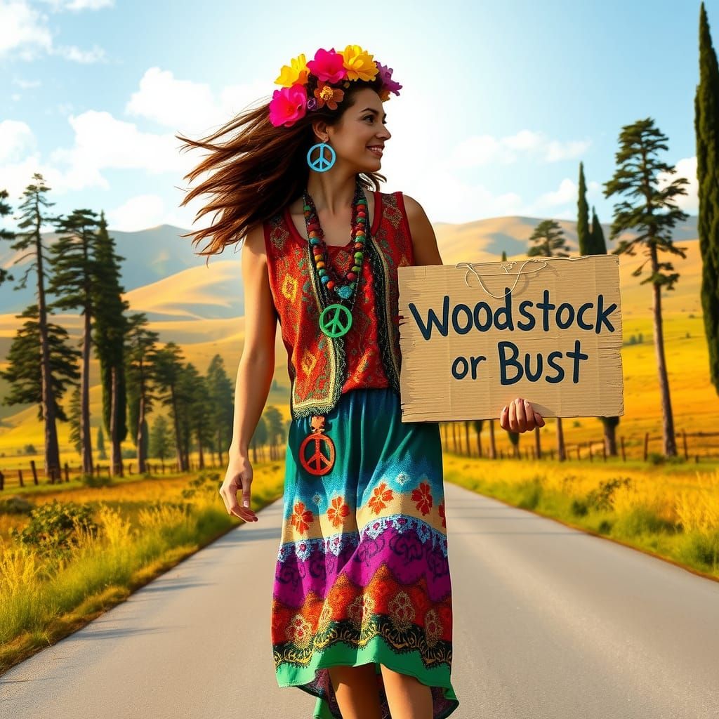 Woman on Road to Woodstock in Psychedelic Style