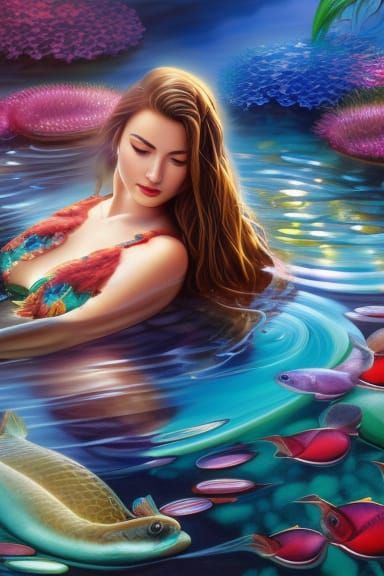 Surreal Koi Pond Portrait in Digital Art Style