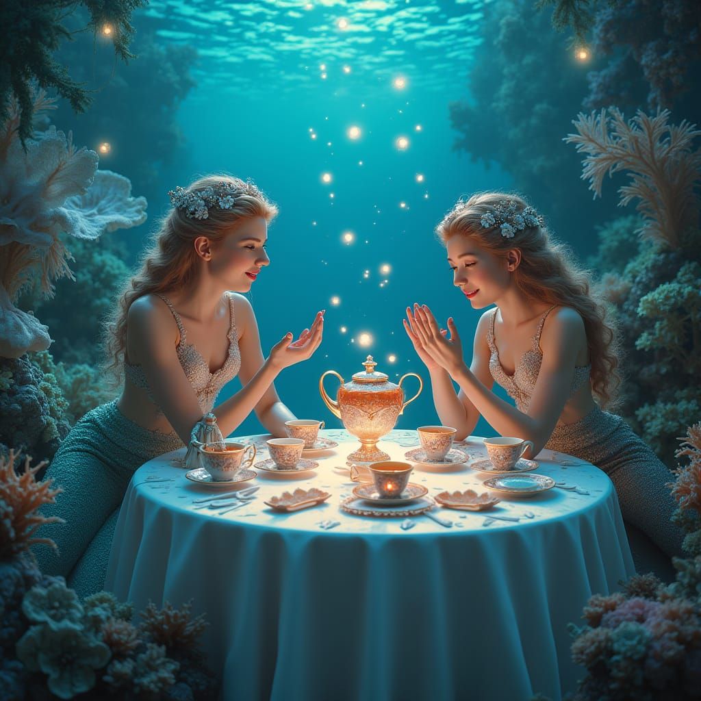 Mermaids' Underwater Tea Party in Hyperrealistic Style