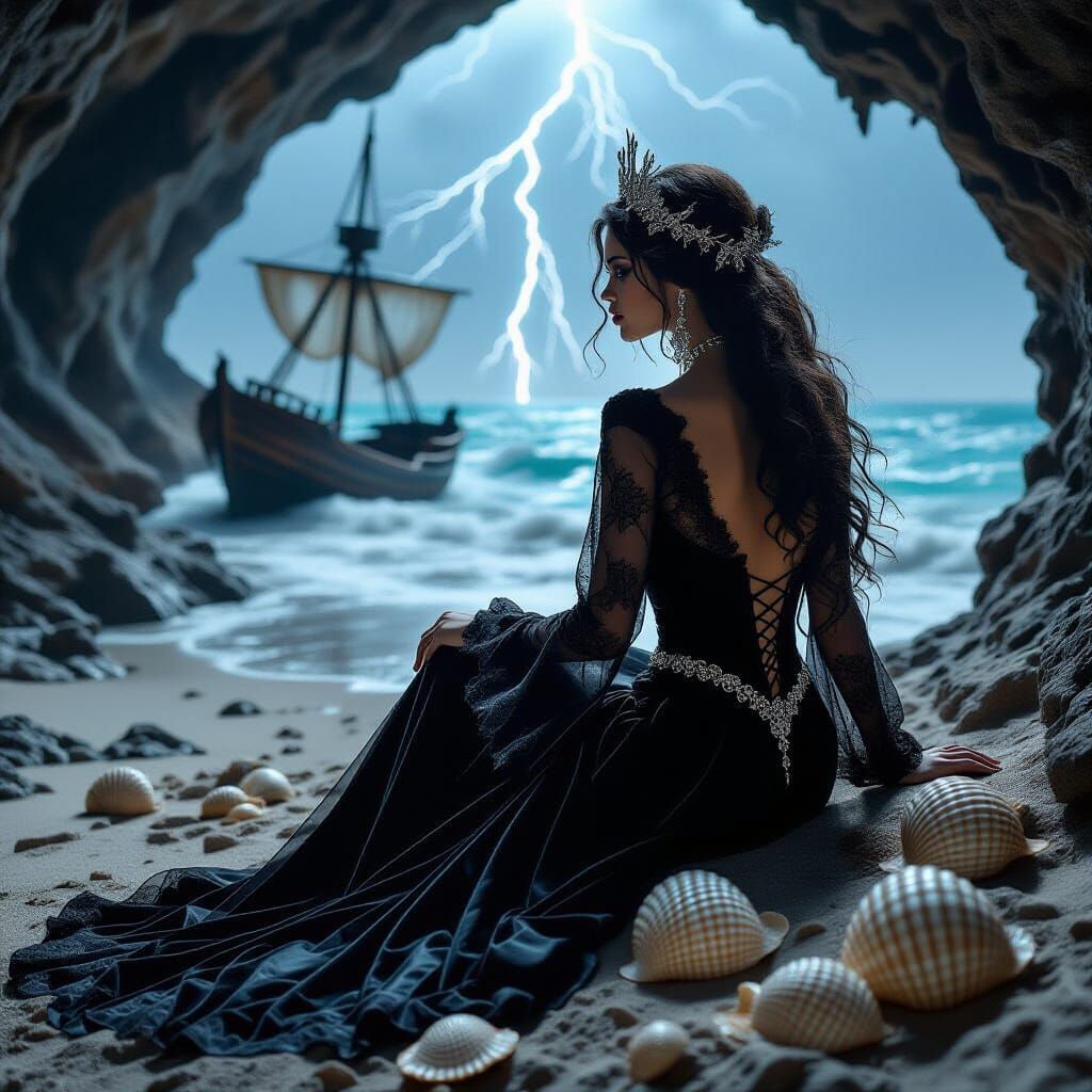 Gothic Mermaid with Tentacles in Stormy Sea Cave