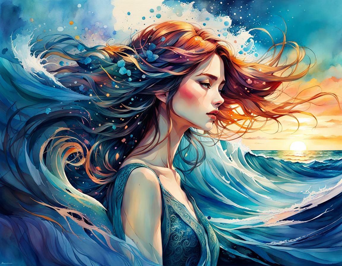 Deep Blue Ocean Waves: Digital Watercolor Illustration