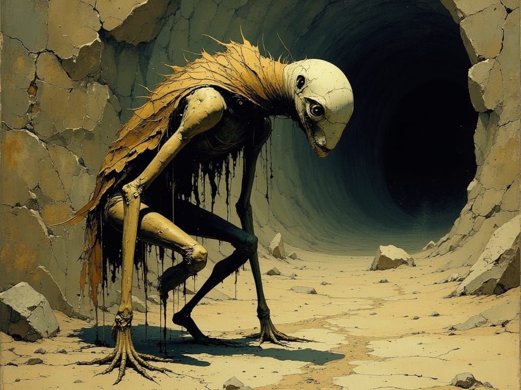 Faceless Creature Lurking in Dark Tunnel