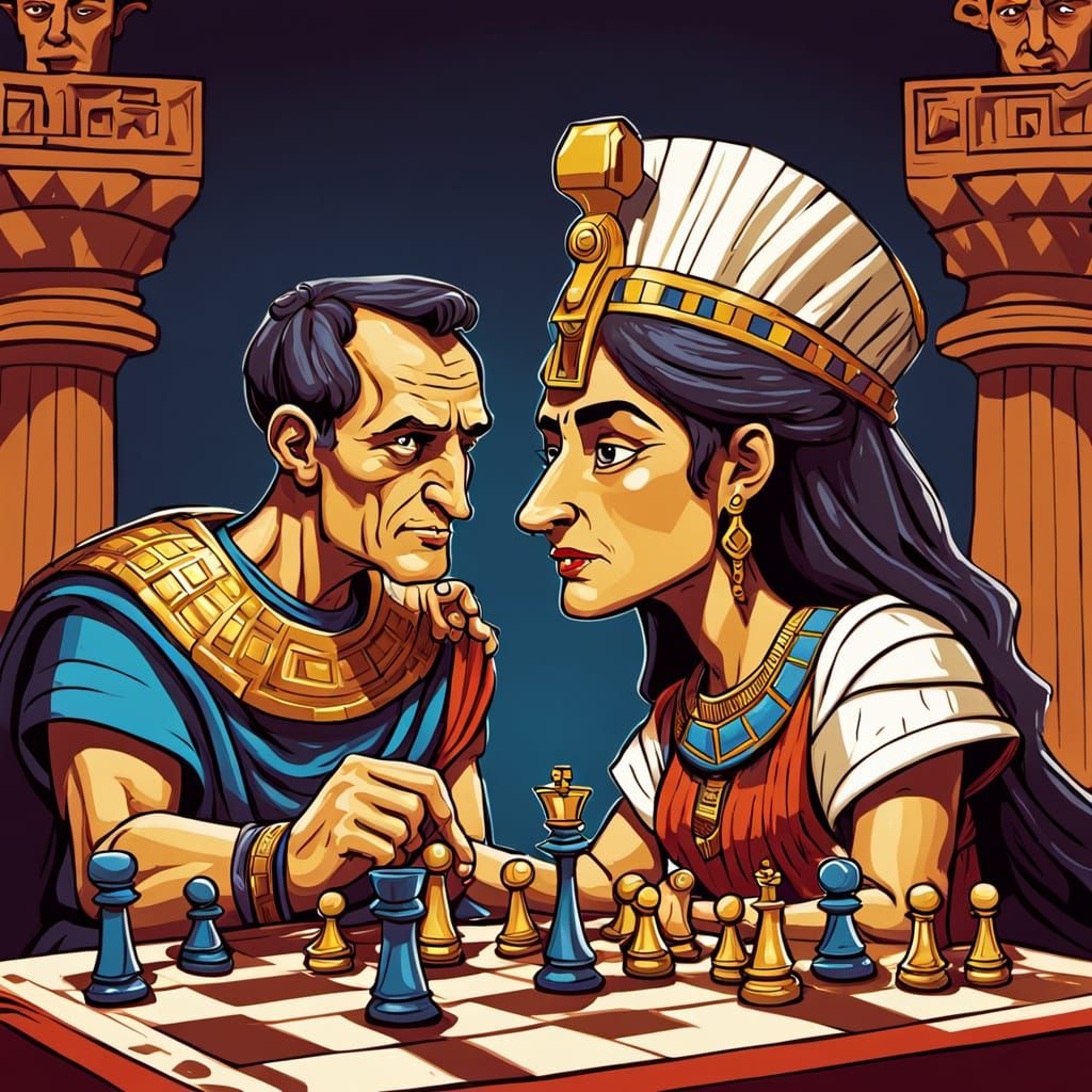 Julius Caesar and Cleopatra Play Chess in Cartoon Style
