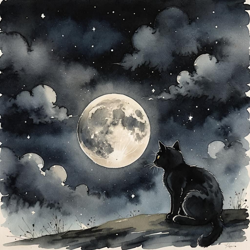 Black Cat Watching the Moon in Watercolour