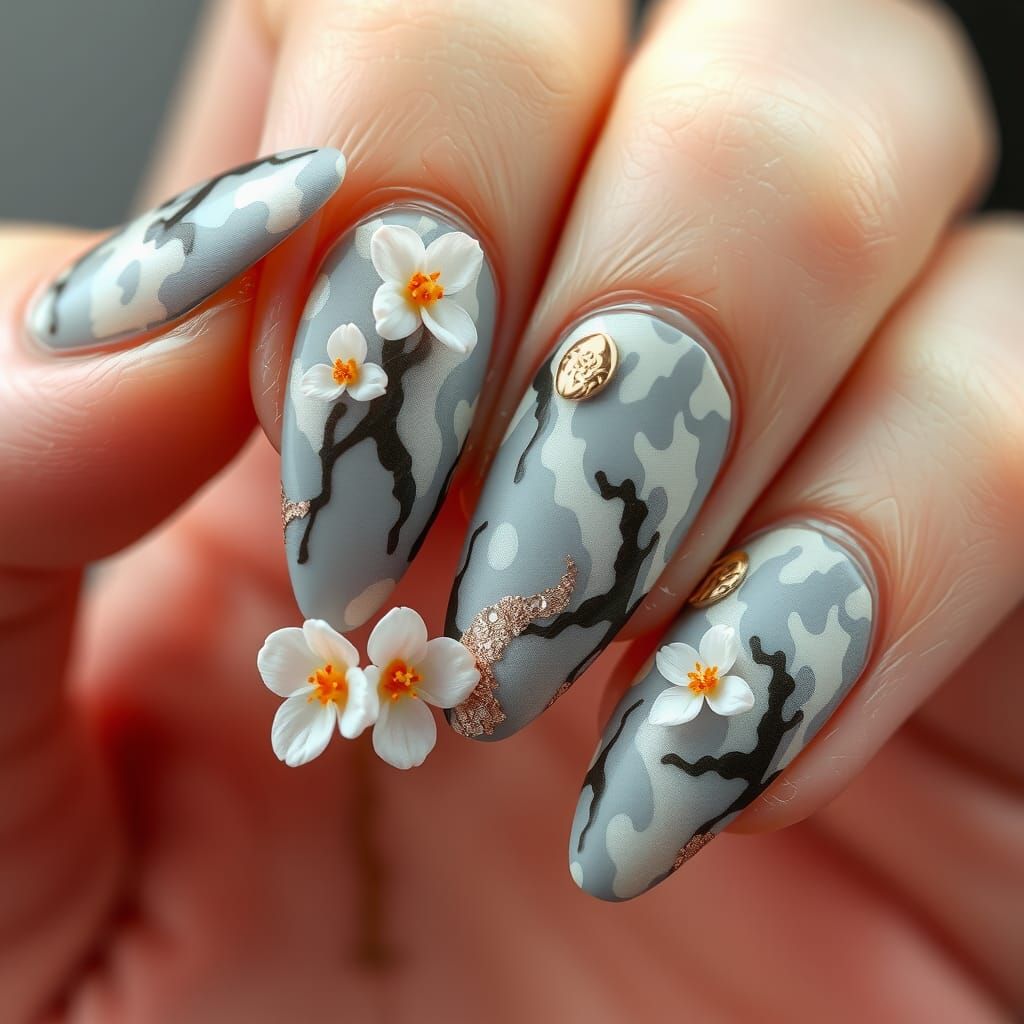 Abstract Camouflage Nail Art with 3D Flowers
