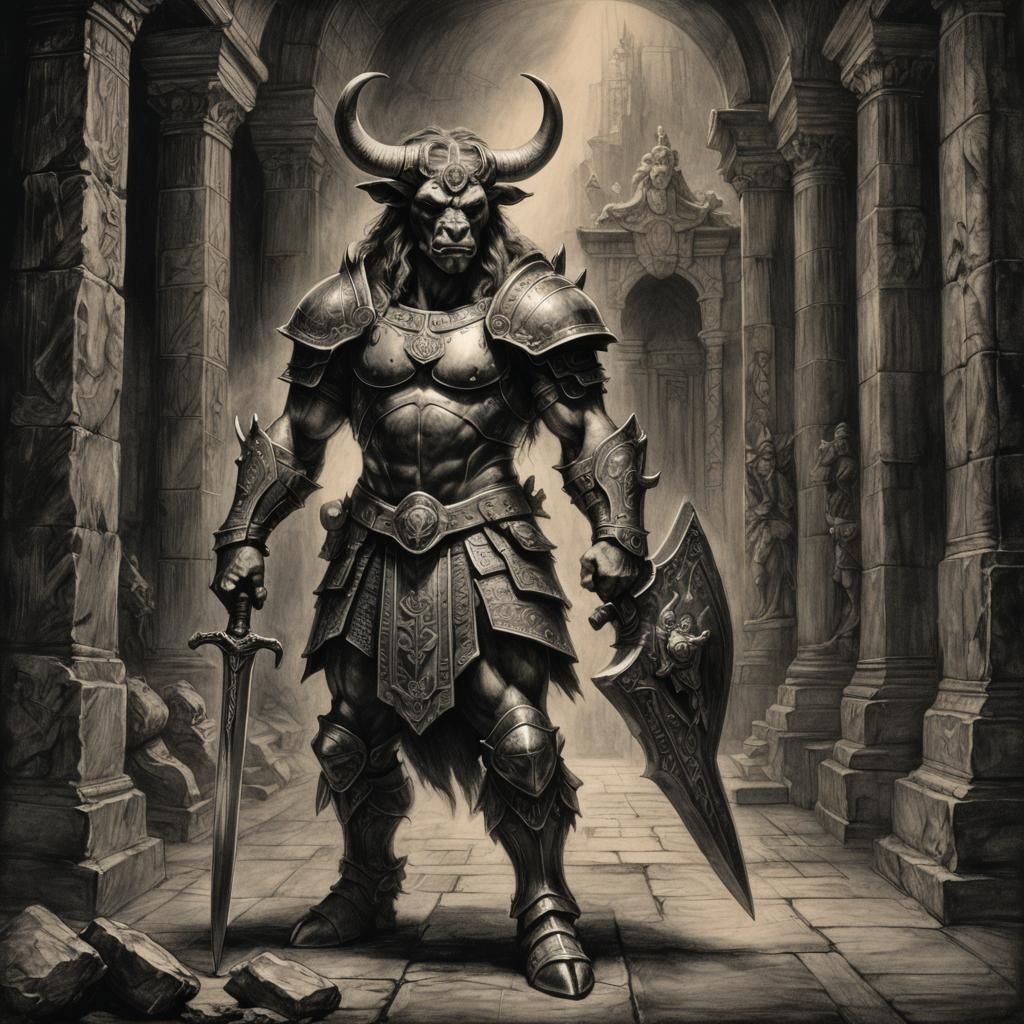 Armored Minotaur in Ancient Temple: Charcoal Drawing