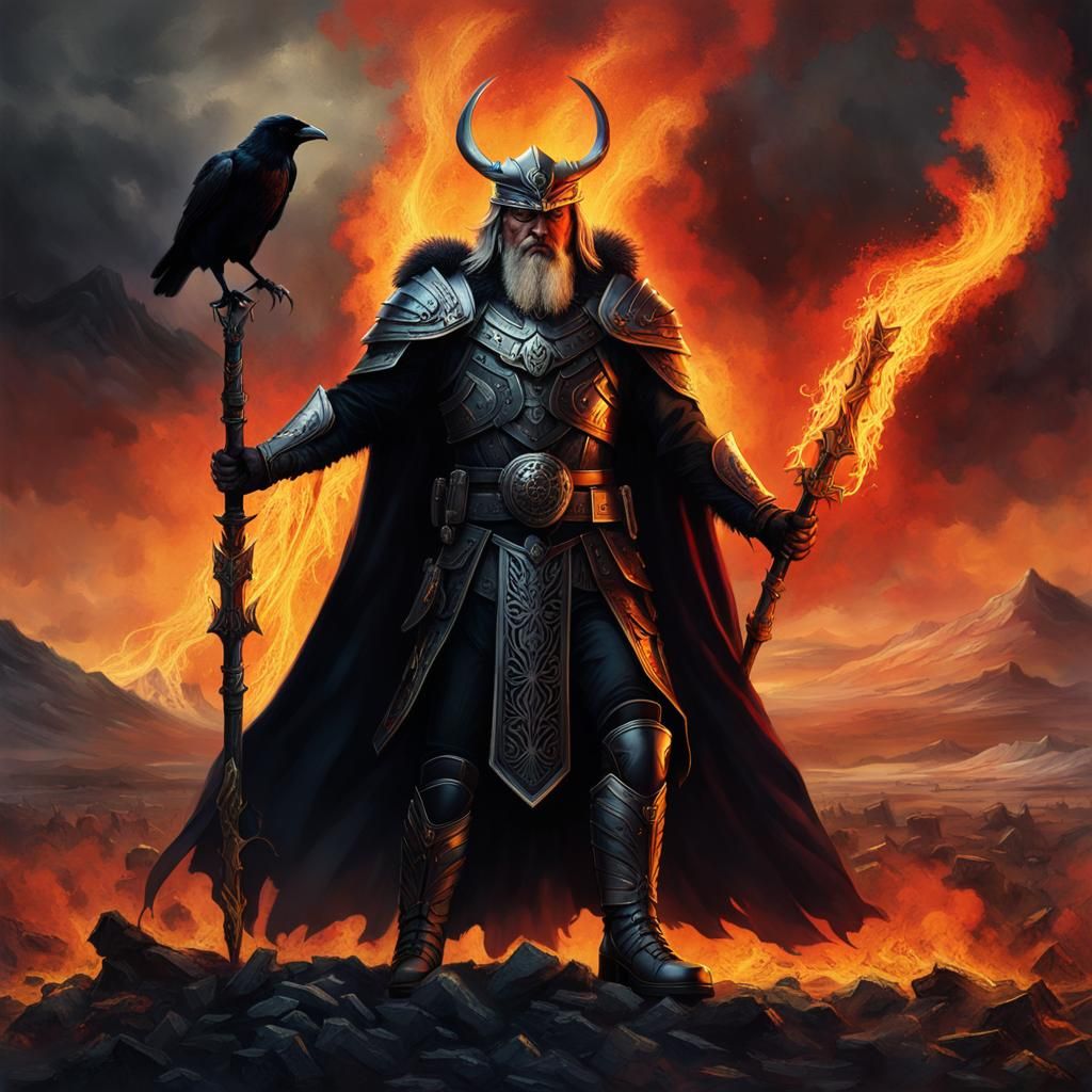 Odin in Burning Wasteland: Dark Fantasy Art