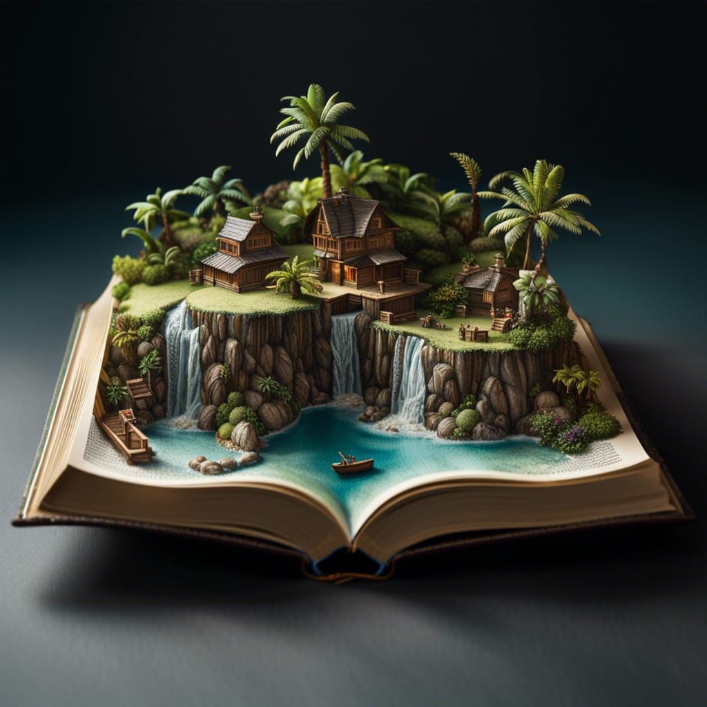 Miniature Island Emerges from Open Book in Watercolor