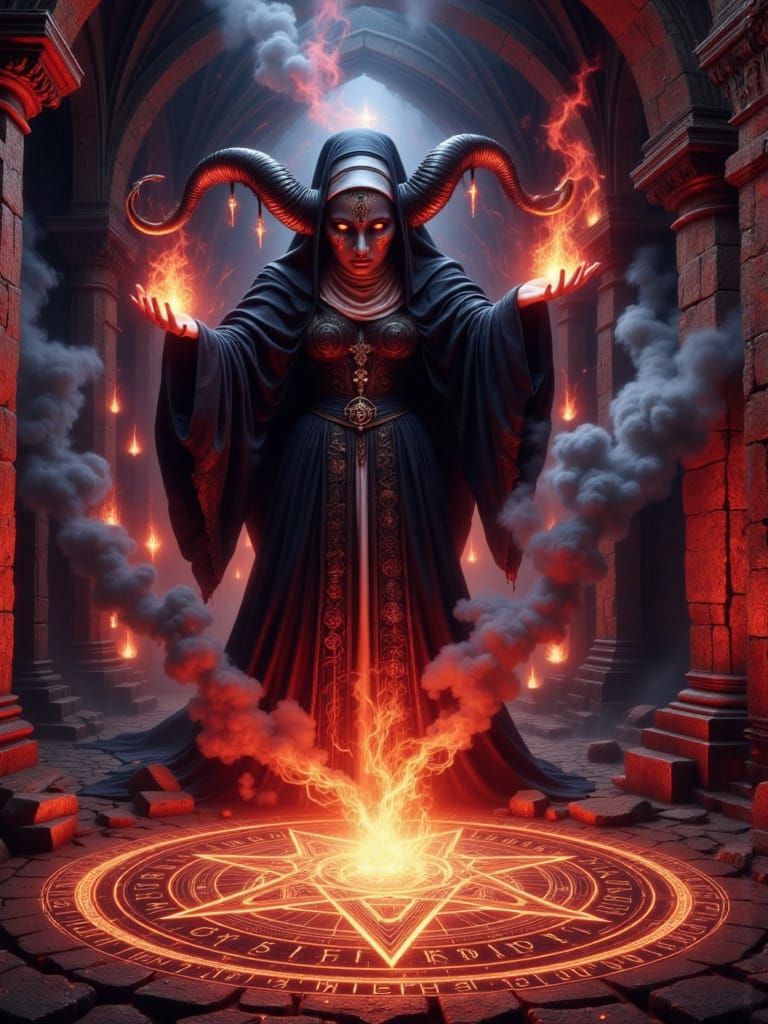 Demonic Nun Summons Fiery Portal in Gothic Seminary