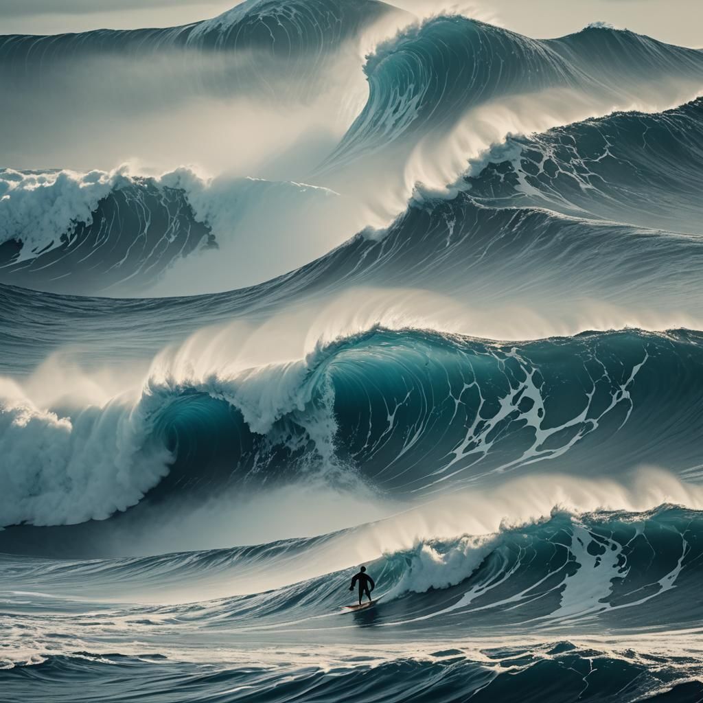 Surfer Rides Giant Wave in Hokusai Style
