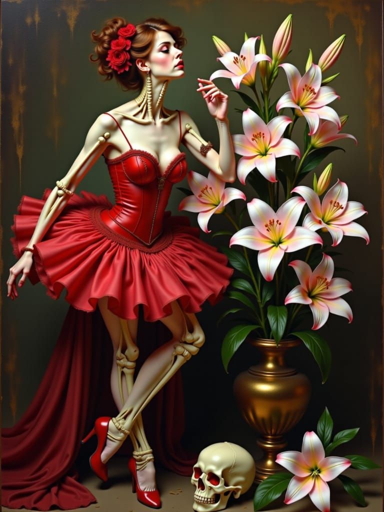 Skeleton Ballerina Poised Amidst Lilies in Post-Impressionis...