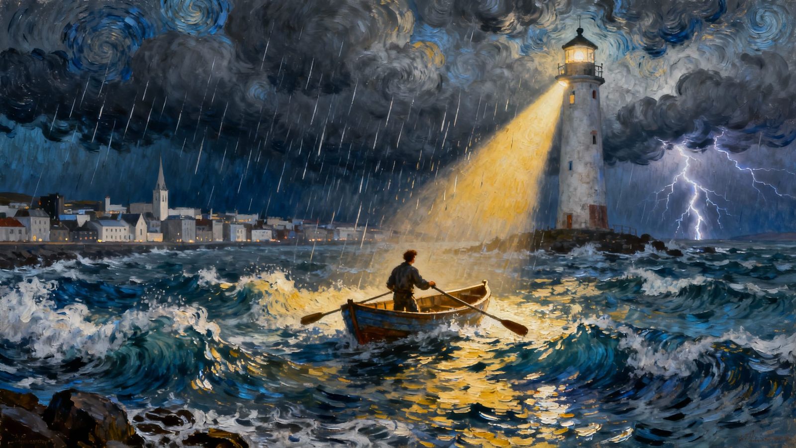 Man in Rowboat Under Stormy Reykjavik Sky