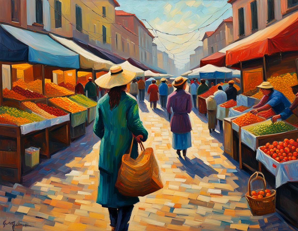 Woman at Market: Neo-Impressionist Oil Painting