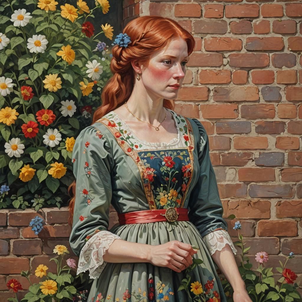 Medieval Woman in Garden, Oil Painting Portrait