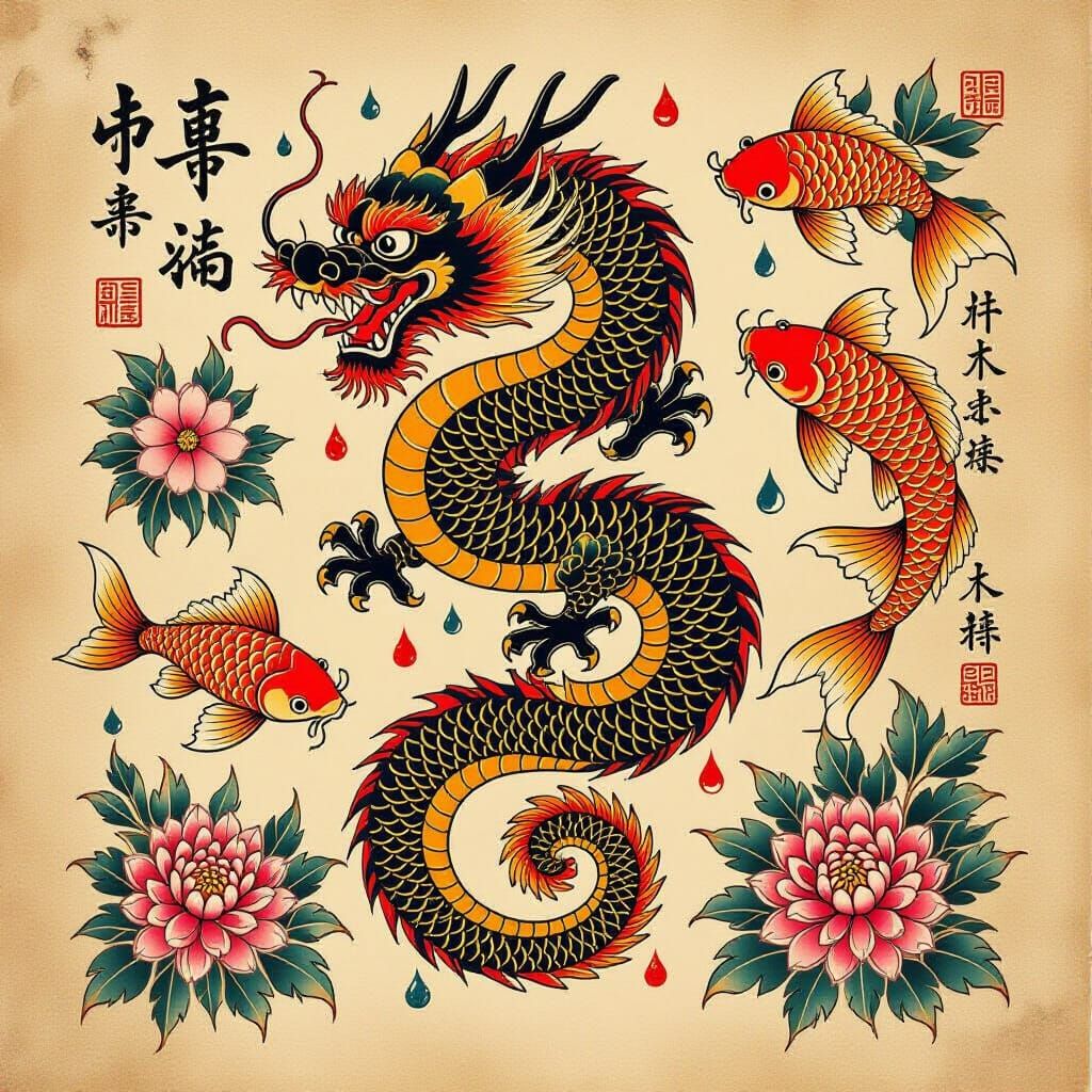 Vintage Tattoo Flash Sheet in Japanese Art Style