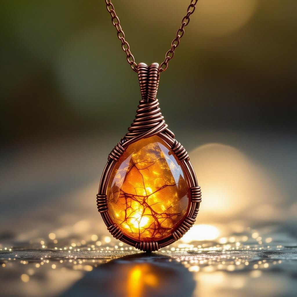 Copper Wire Pendant With Sunstone In Macro Detail
