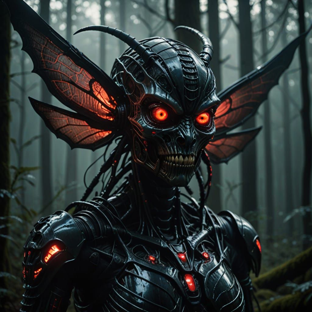 Surreal Biomechanical Horror Goddess Unfolds in Dark Forest