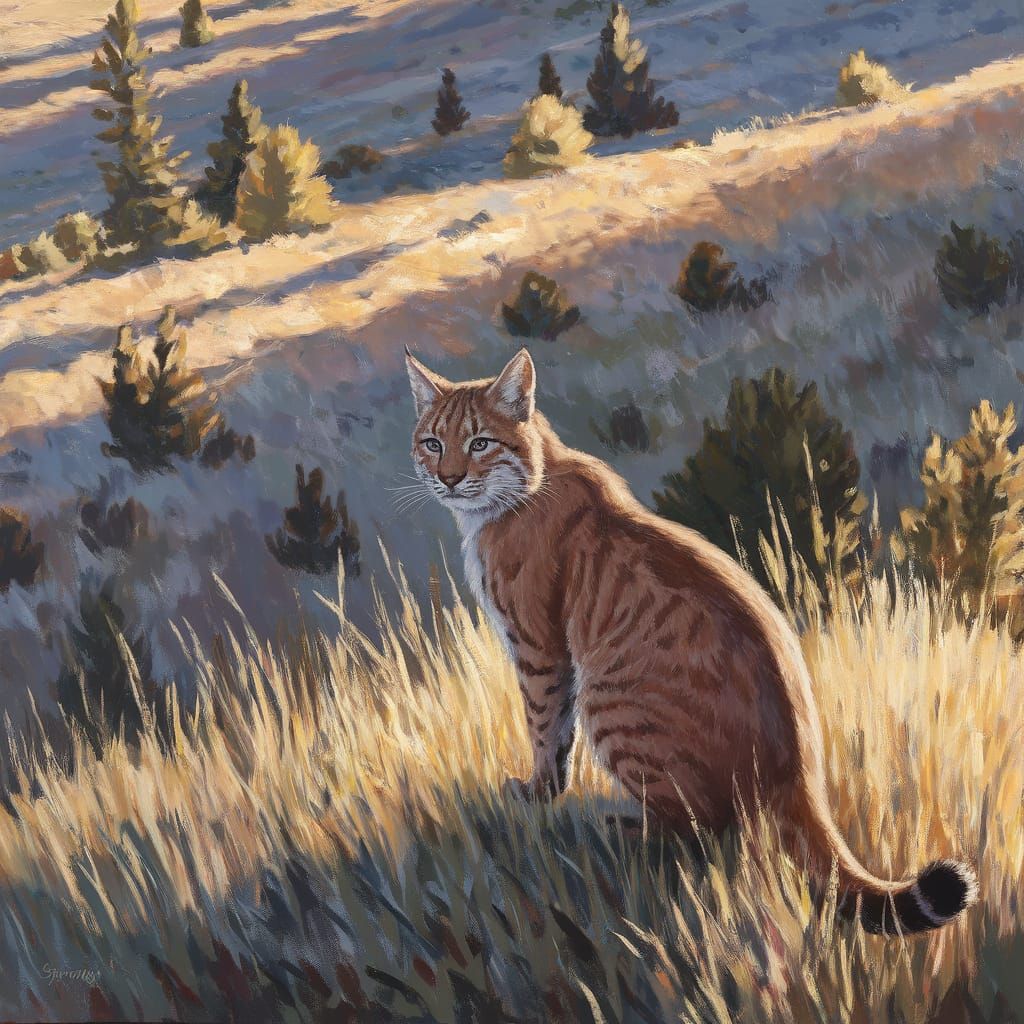 Bobcat Scans Landscape in Oil Painting Style