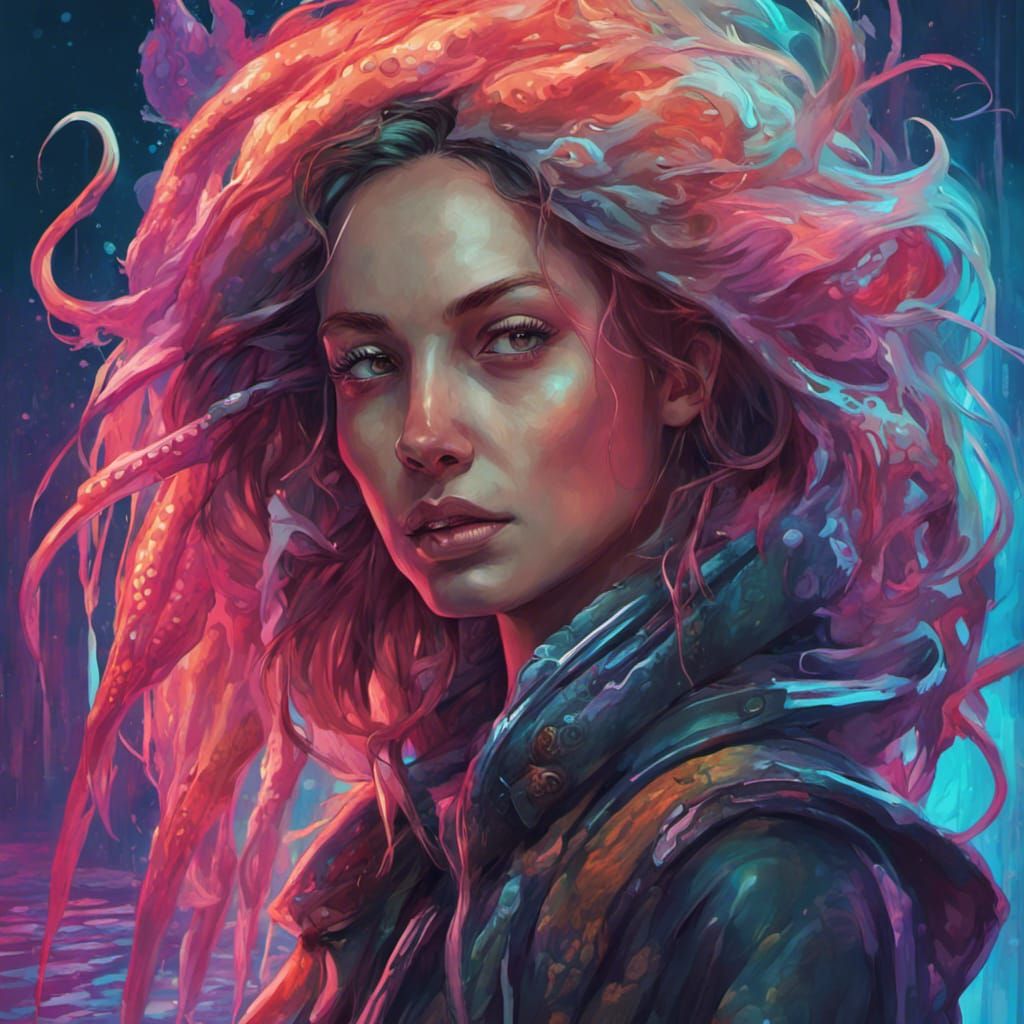 Cyberpunk Woman with Squid in Neon Ocean
