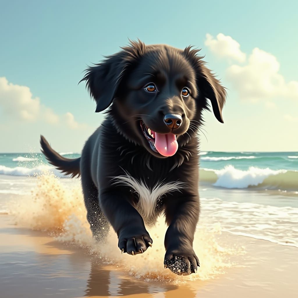 Black Golden Retriever Puppy Running on Beach