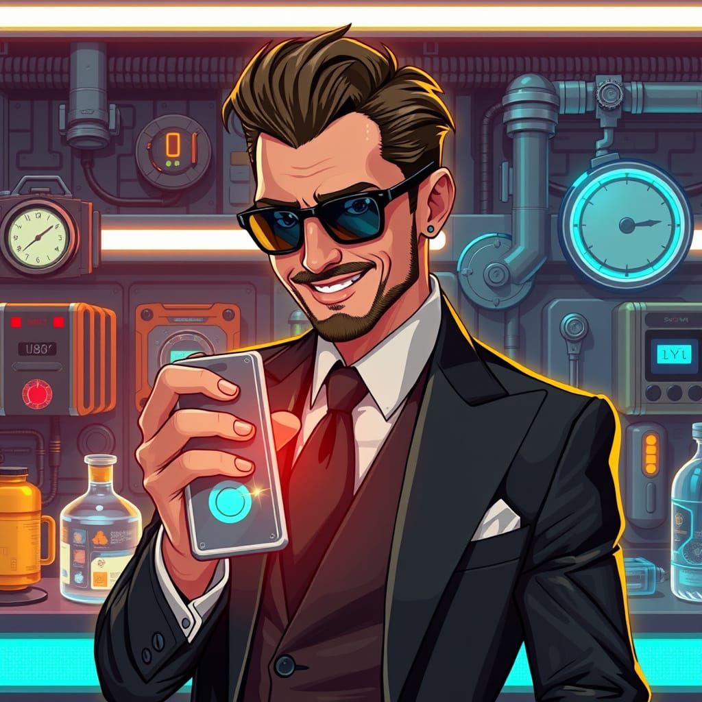 Suave Merchant Showcases Device in Cyberpunk Lab