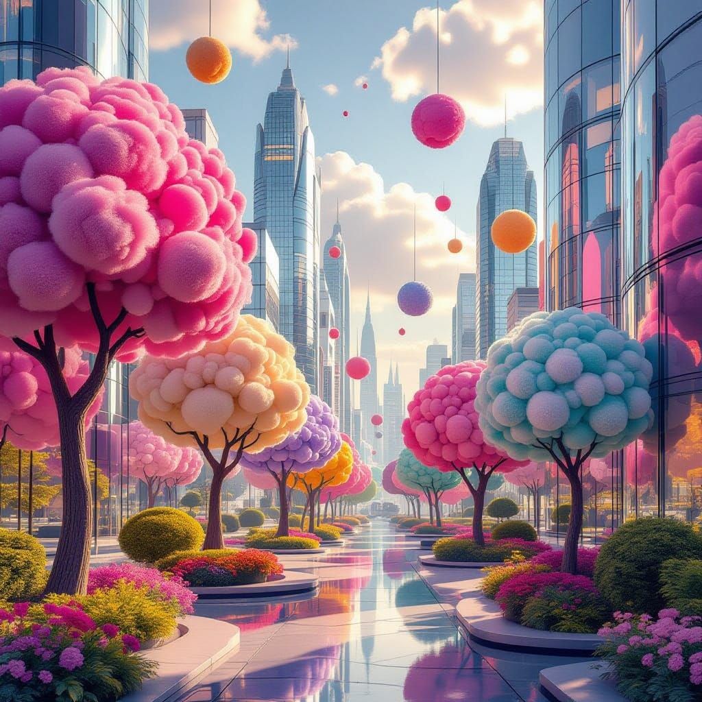 Whimsical Urban Dreamscape with Fluffy Trees