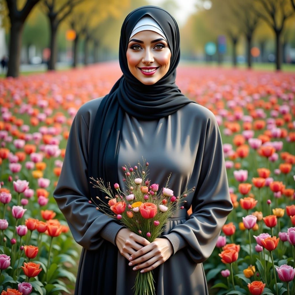 European Woman in Floral Field, Professional Portrait Style