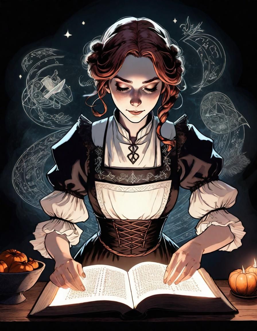 Anime Medieval Maid Cooking With Magic, Gothic Illustration