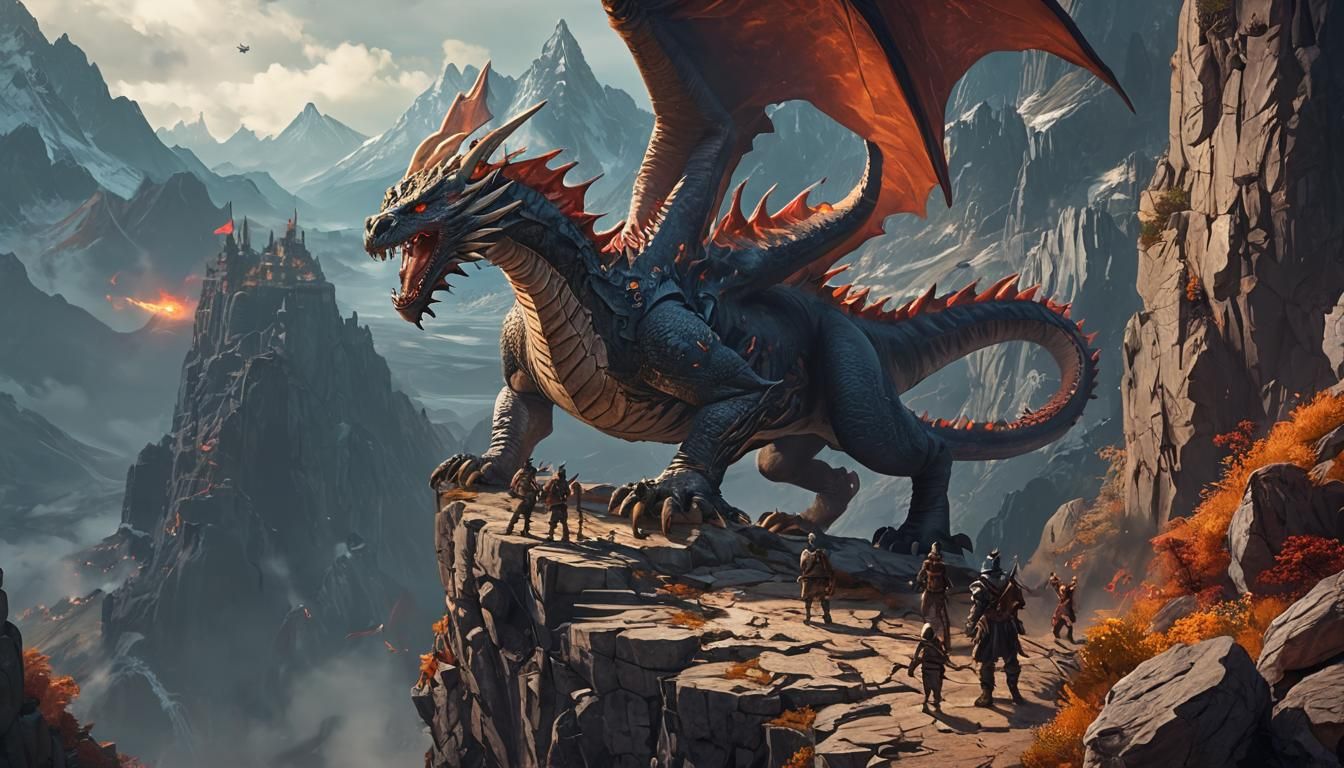 Adventurers Clash with Dragon: Linear Fantasy Art